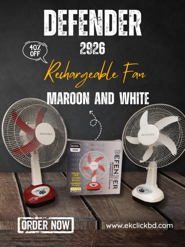 Defender 2926 Rechargeable Multi-Function 16 Fan - White and Maroon