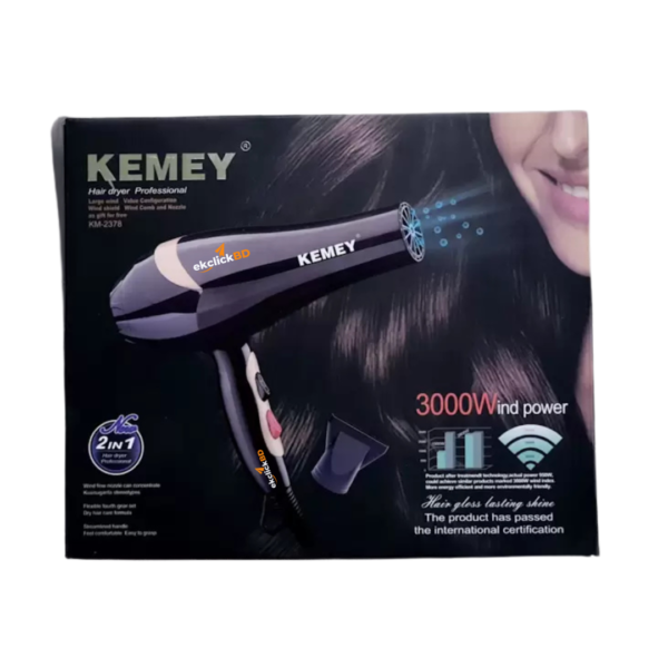 Kemey KM-2378 Professional Hair Dryer - 2 in 1 Hair Dryer 3000Watt d Power - Black - Image 4