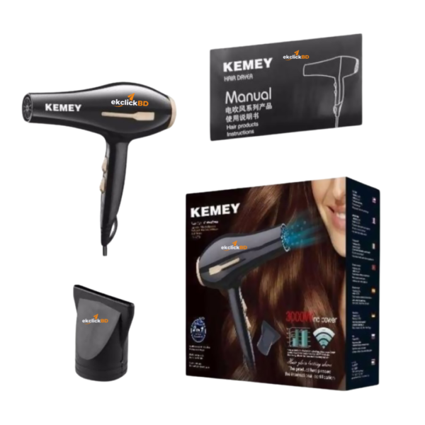 Kemey KM-2376 Professional Hair Dryer - 2 in 1 Hair Dryer 3000Watt d Power - Black - Image 2